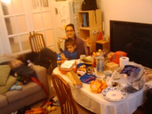 Chaos in the living room as everything is piled in.
